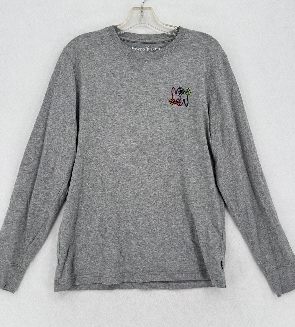 Psycho Bunny Mens Gray Logo Cotton Long Sleeve Crew Neck T Shirt Sz 5 US M